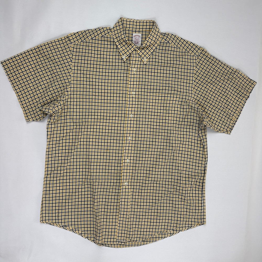 Vintage Brooks Brothers Makers Mens 16.5 Yellow Navy Check Short Sleeveβ Shirt